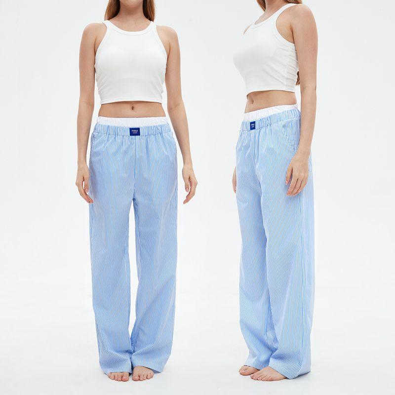 Classic Blue and White Stripes Cotton Women's Long-Sleeved Shorts Pajamas
