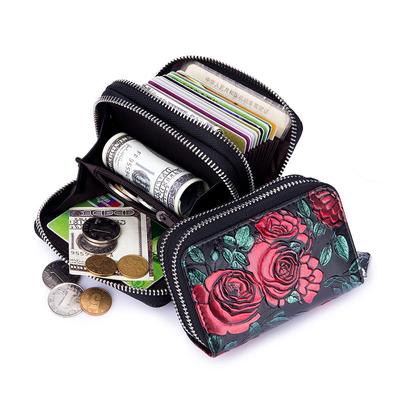 Moda couro feminino titular do cartão de crédito carteira duplo zíper grande capacidade 3d rosa flor impressão