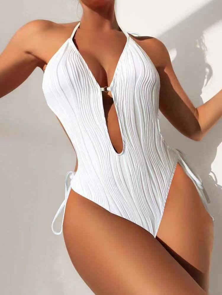 1011 European and American solid-color halter-back empty neck one-piece bikini lace-up and thin beach sexy swimsuit