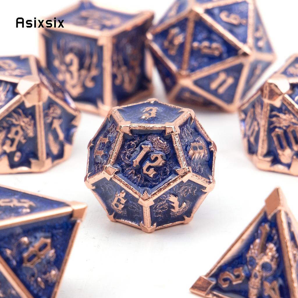 7 Pcs Dark Blue Skull Metal Dice Solid Metal Polyhedral Dice Set Suitable for Role-Playing RPG Board Game Card Game