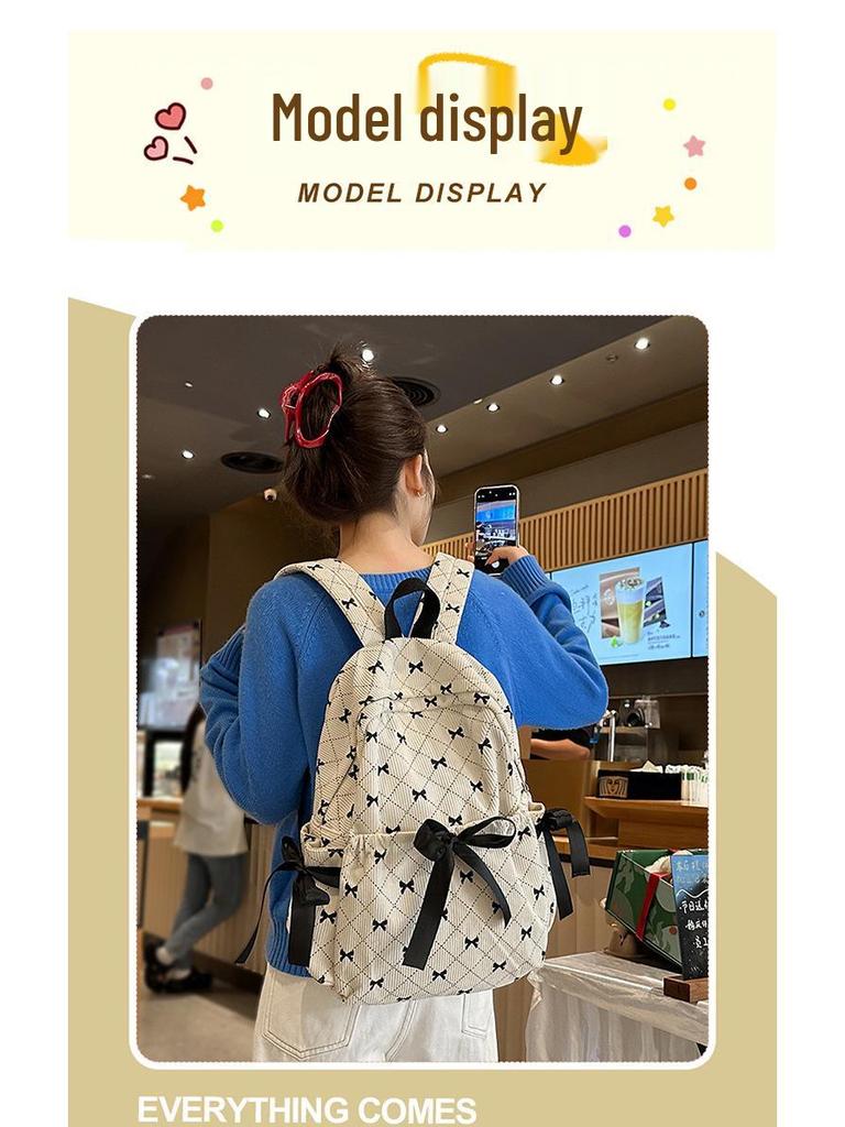 Women's Large Capacity Corduroy Backpack - Stylish, Lightweight, Casual School Bag with Bow for Junior High Students