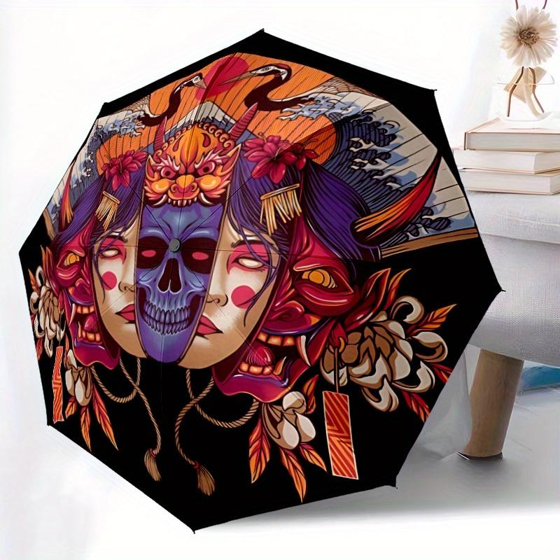 1pc Mask Art Automatic Open/close Folding Umbrella, Compact Portable Travel Umbrella, Perfect Birthday/Christmas, Cute Umbrella, Durable Con