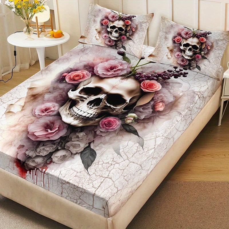 Pink Rose Skull Fitted Sheet Set 3D Print Dark Romantic Bedding Set Soft Breathable Microfiber Fabric For Adults Bedroom Decor