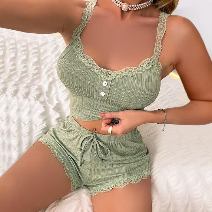 European & American Fashion Lace Trim Women's Pajama Set - Casual & Sexy Camisole and Shorts