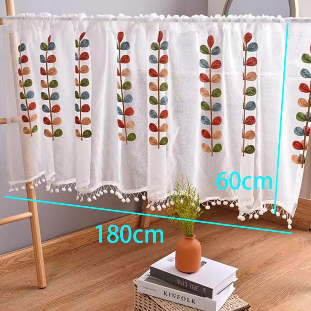 Semi Sheer Voile Drapes Embroidered Leaves Short Curtains Home Decoration Bath Curtain  Cafe