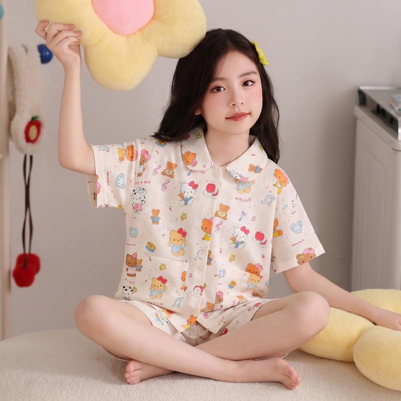 Girls Cotton Gauze Pajama Set Short Sleeve Cartoon Sleepwear Kids Home Wear
