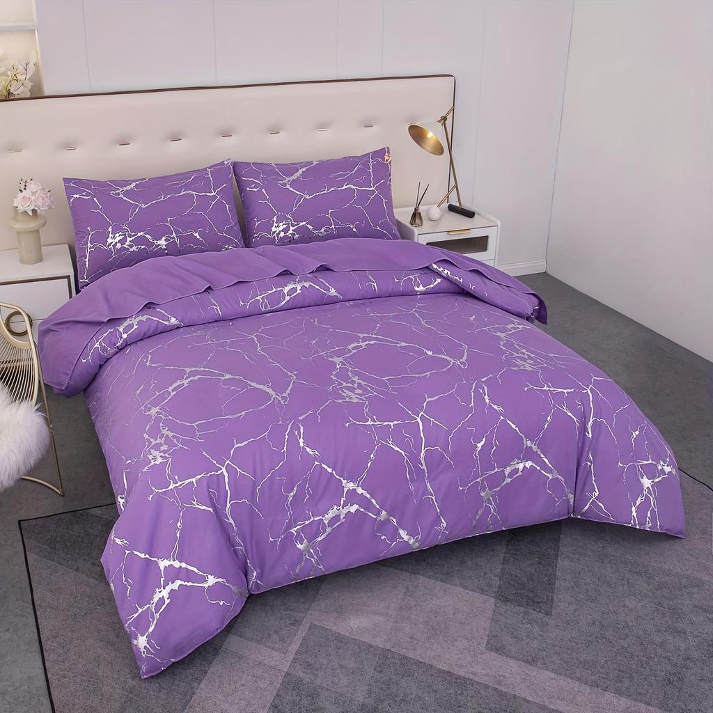3Pcs Modern Simple Bedding Set Solid Color Pink/Grey/Green/Blue/Purple Marble Pattern Hot Stamping/Silvery Duvet Cover Set