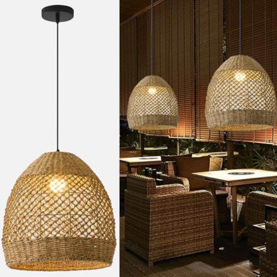 Rattan Pendant Light 13.77 Rustic Hand-Woven Wicker Hanging Light 1-Light Water Plants Rattan Chandelier for Dining Living Bedr