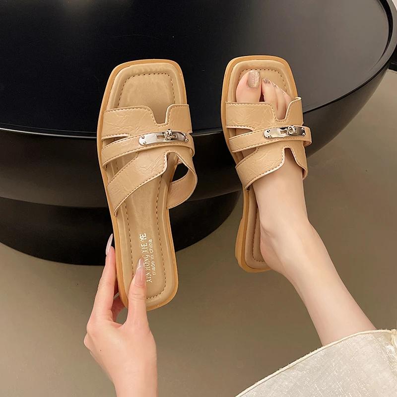 

Мода 2025 Лето Новые Плоские Шлепанцы Уличный Отдых С Открытым Носком Пляжные Женские Сандалии Мода С Неглубоким Вырезом Полые Zapatos 35 хаки