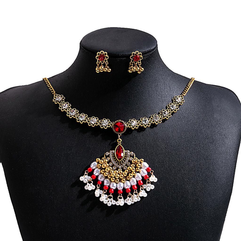 Europäisch, Amerikanisch Böhmische Diamant Perlen Ohrringe, Ethnischer Stil Türkis Fransen Halskette Blumen Schmuckset Damen