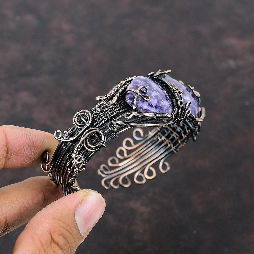 Lepidolite Cuff Bracelet Gemstone Bangle Copper Wire Wrapped Cuff Bracelet Handmade Wire Jewelry Adjustable Bangle Copper Jewelry For Gift