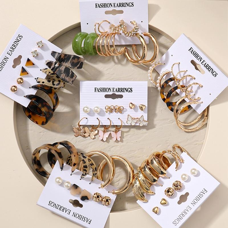 IF ME Trendy Geometirc Gold Round Hoop Earrings Set for Women Big Leopard Resin Hoop Earrings Accessories Jewelry Party