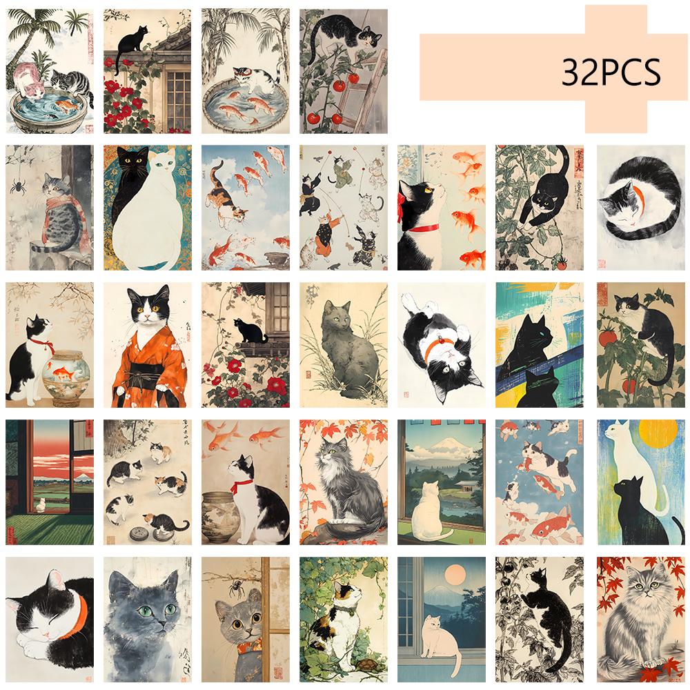 

32pcs Japanese Cat Postcards, Ukiyo-E Style, Cute Cat Posters, Living Room Decor Stickers, Bedroom Decoration, High Quality Card