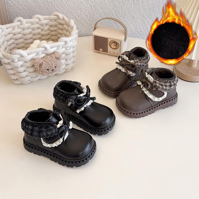 Kore Retro Kız Çocuk Siyah Kışlık Deri Ayakkabı 2025: Lolita Bebek Fiyonklu Pamuklu Kısa Botlar