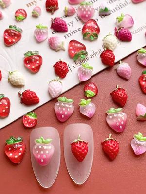 50pcs Valentine's Day Nails, Various Strawberry Shaped Nail Art Decorations, DIY Simulated Fruit Shaped Nail Accessories