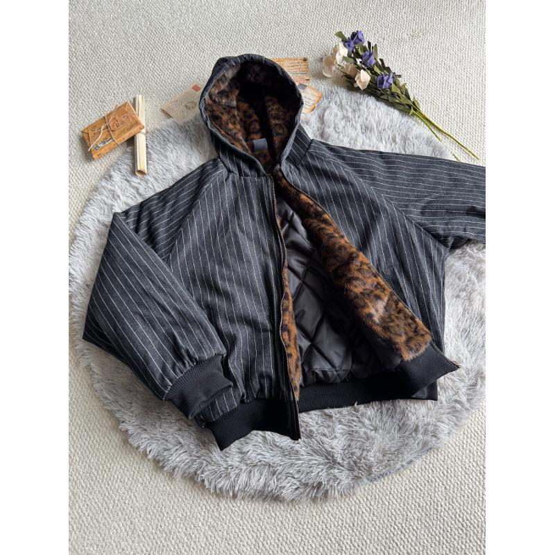 Unisex Hooded Winter Jacket with Vertical Stripes, Leopard Print Lining, and Color Block Patchwork.