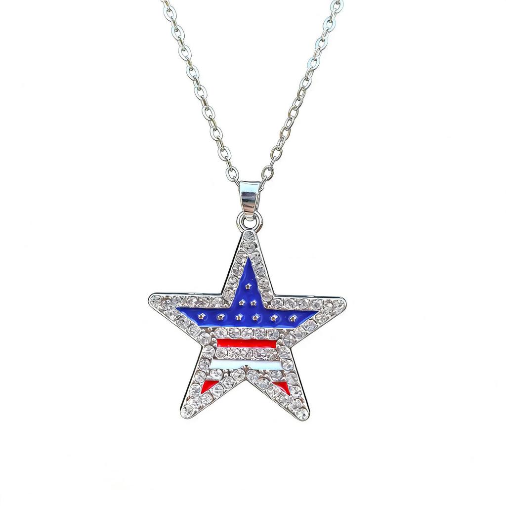 US Independence Day Rhinestone Flag Pendant Necklace - Red, White, Blue
