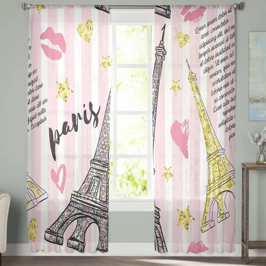 Eiffelturm Liebe Tüll Vorhänge für Schlafzimmer Halle Wohnzimmer Dekor Chiffon Vorhang für Balkon Küche Hause Vorhänge