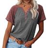 Loose Women's Short Sleeve V-Neck Color Block Casual T-shirt Button Decor Top