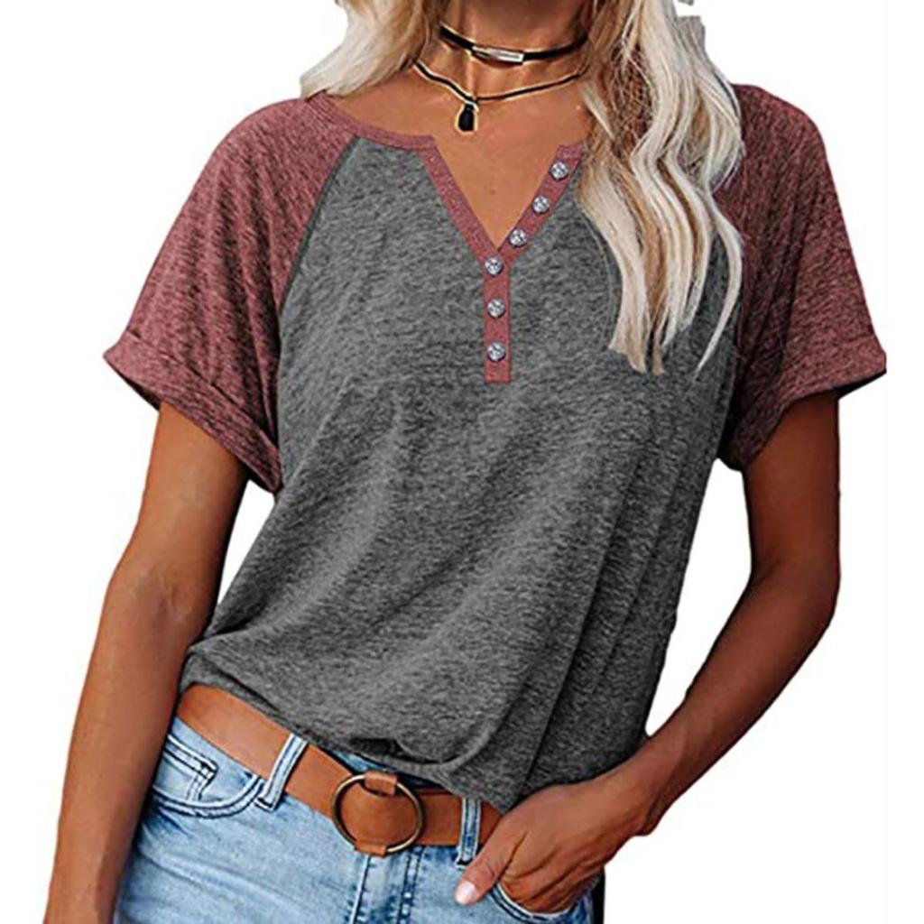 Loose Women's Short Sleeve V-Neck Color Block Casual T-shirt Button Decor Top