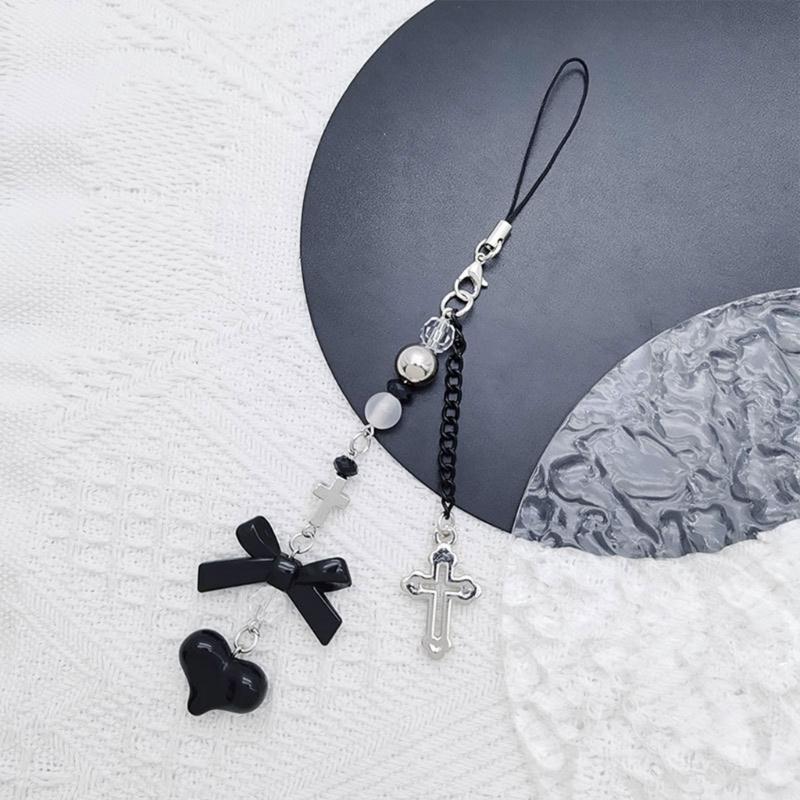 Bow-Love Keychain Crystal Y2k Beaded Phone Lanyard Strap Guitar Charm Cross-Pendant Phone Chain Anti-Lost for Women Girl