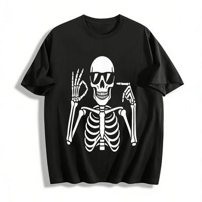 Funny Skeleton Gesture Print Casual T-Shirt Unisex Daily Top Pure Cotton T-shirt