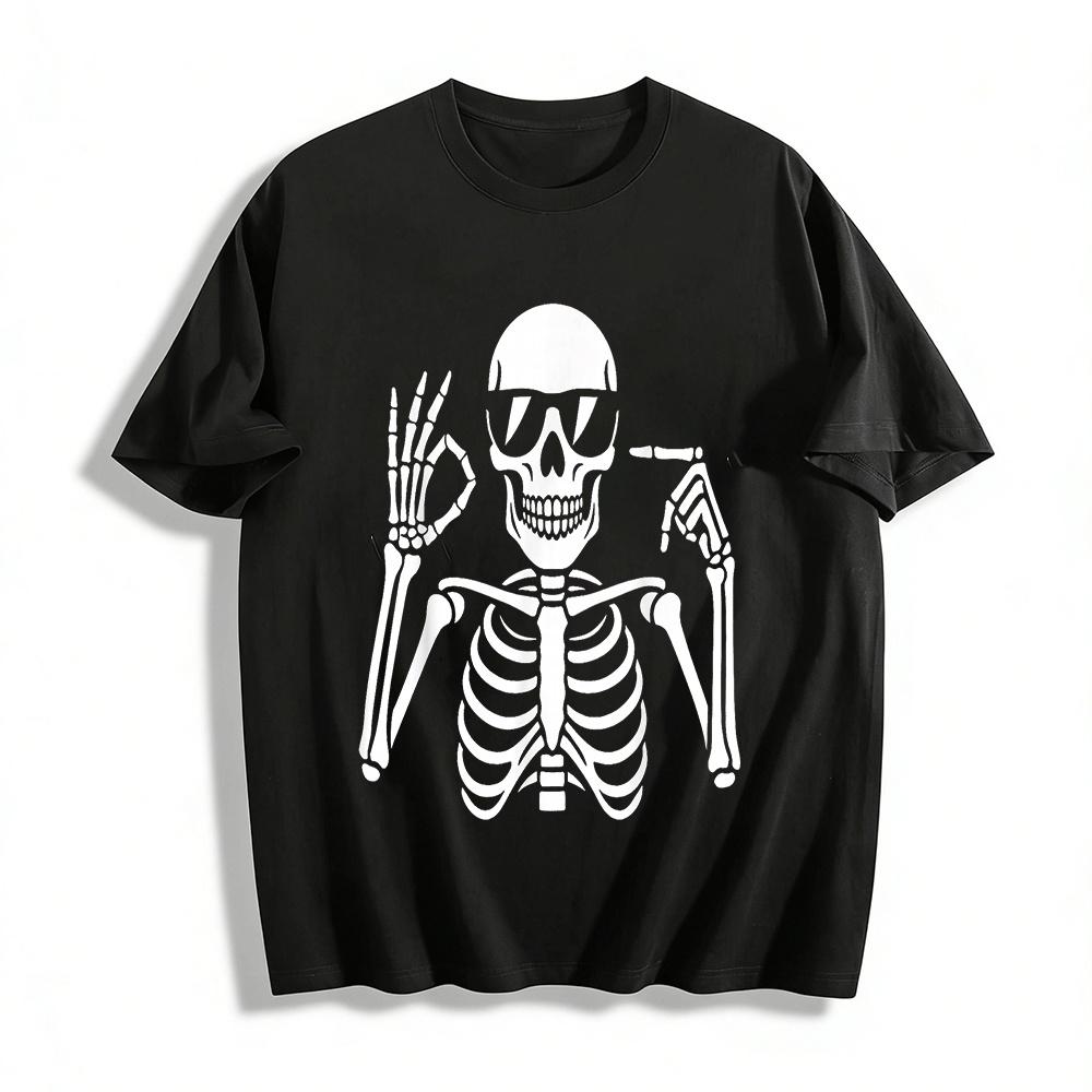 Funny Skeleton Gesture Print Casual T-Shirt Unisex Daily Top Pure cotton T-shirt XXS