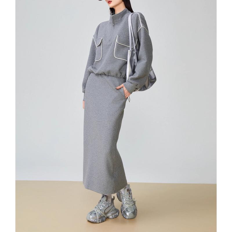 

Женский высококачественный серый свитер с юбкой и воротником-стойкой, спортивный комплект из двух предметов - коллекция осень/зима 2024 г. XL