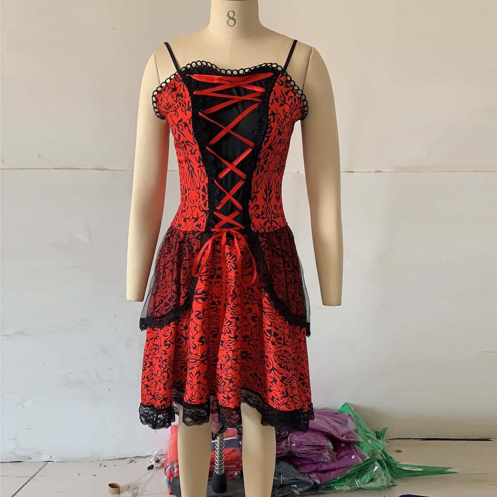 Women's Fashion Print  Dress Vintage Lace Straps Large Irregular Hem Dress