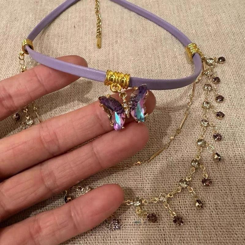New Multi-Layer Taro Purple Butterfly Clavicle Sweater Chain, Stackable Niche Purple Butterfly Neck Jewelry for Girls