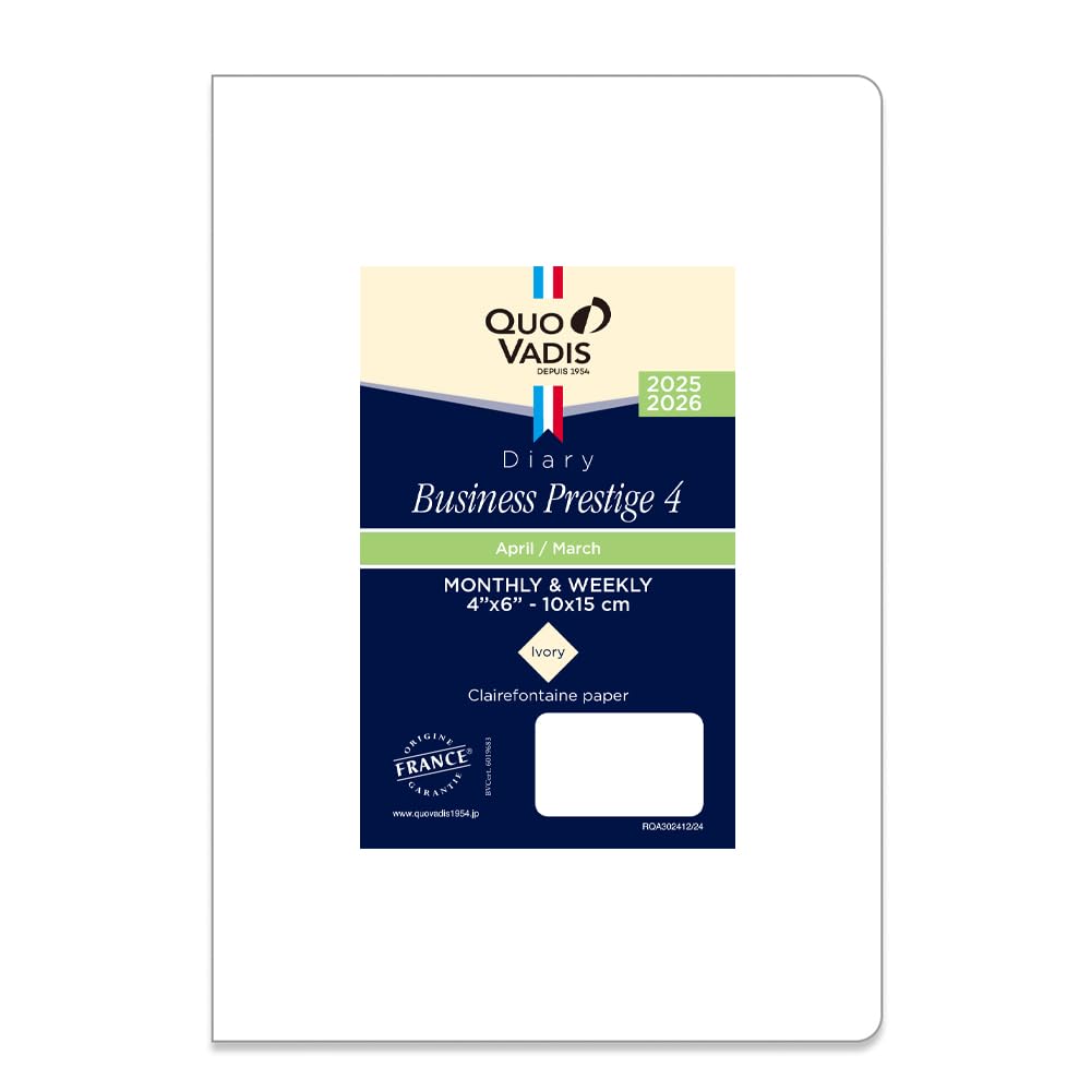 

Quo Vadis Business Prestige 4 Diary Refill (Starting April 2025) (Weekly Vertical, A6 Variant Size, 10 x 15 cm) QUOVADIS qv601rech-pe