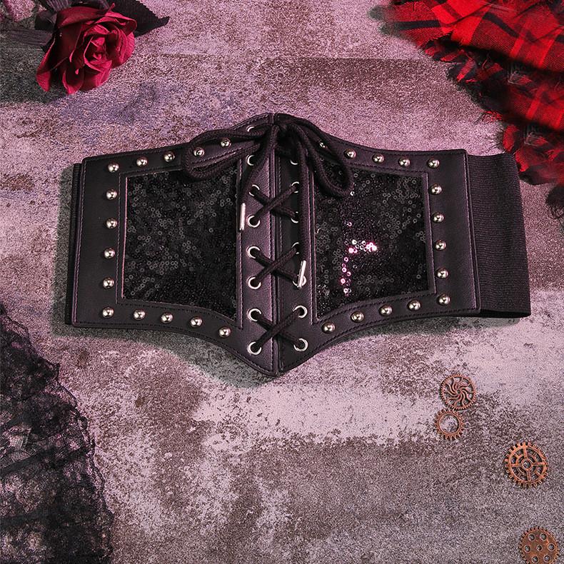 Lace Waist Strap Cover Metal Buckle Tie Rope Elastic Waist Black Theme Dark
