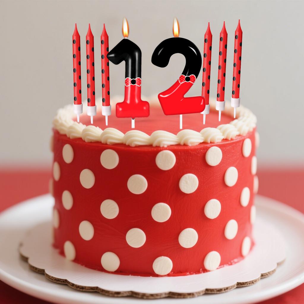 7pcs Black Red Bow Birthday Candles for Boys Girls, Red Mouse Number 0-9 Cartoon Themed Birthday Party Cake Decorations Supplies