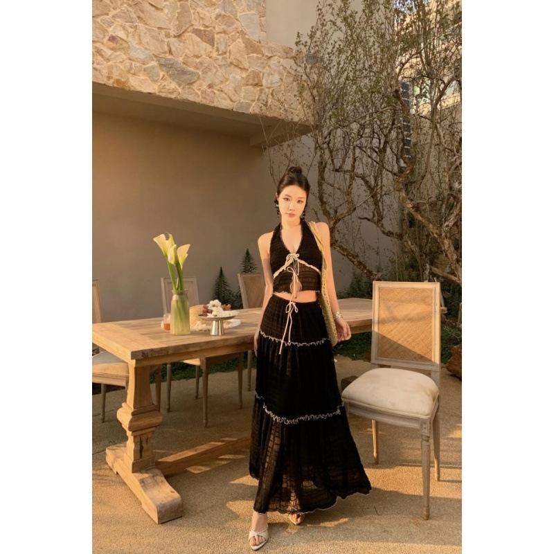 Holiday Style Wear Pure Desire Spice Girl Design Sense Deep Neck Sling Contrasting Color Mesh High Waist Skirt Two-piece Set