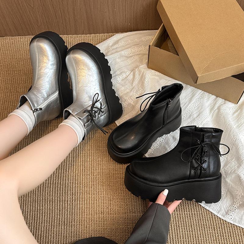 Round Head Small Man Increases Height Live Broadcast Explosion Soft Leather Martin Boots Winter Single Sports Thick-soled Snow Boots Women's Boots S