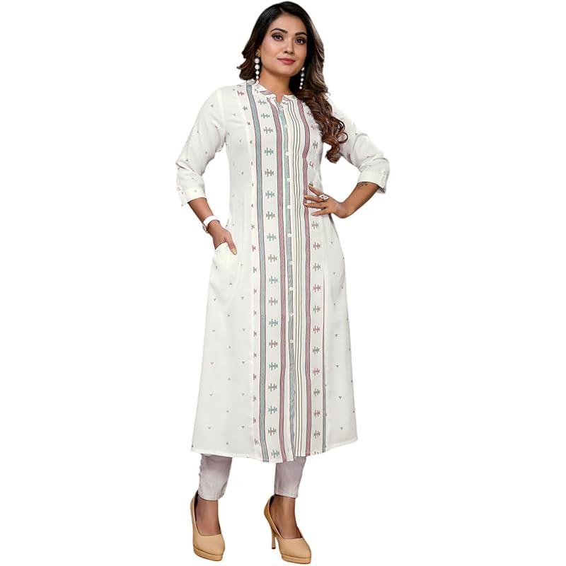 rangita Off White Rayon Calf Length Printed A-Line Kurti | Kurta for Women_S