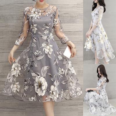 Women Summer Round Neck Cropped Sleeve Printed Flowers Mesh Dress