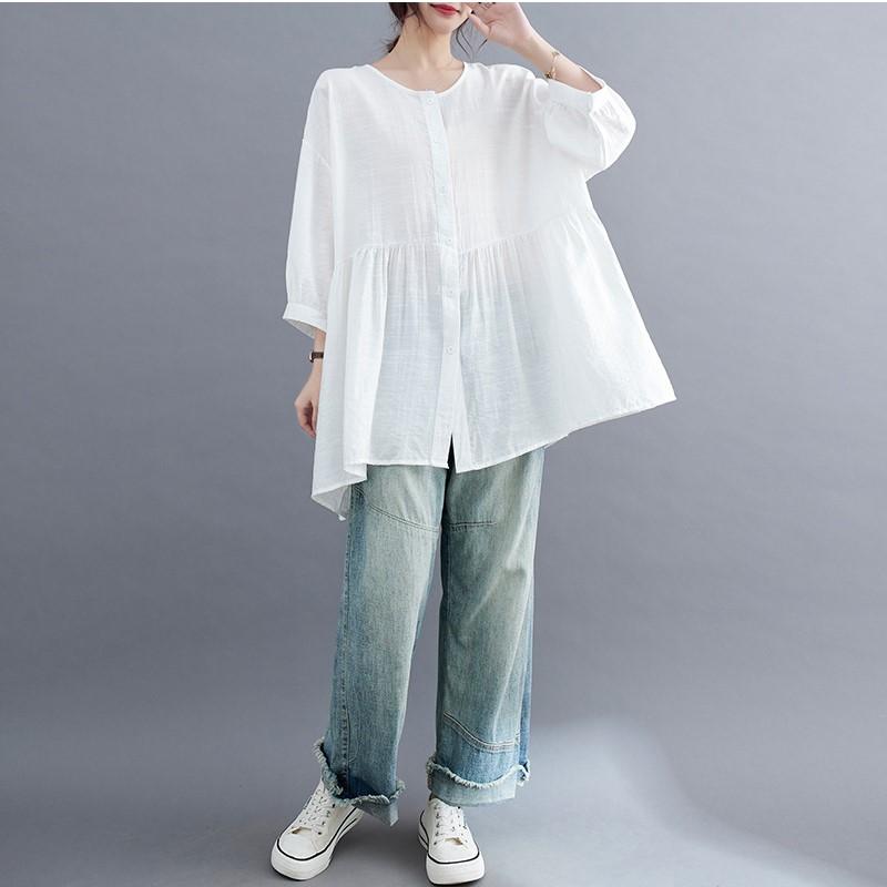 Johnature Letní Volné Jednoduché Dámské Korejské Košile Ležérní Jednobarevné Tříčtvrteční Rukávy Tenké Halenky Topy