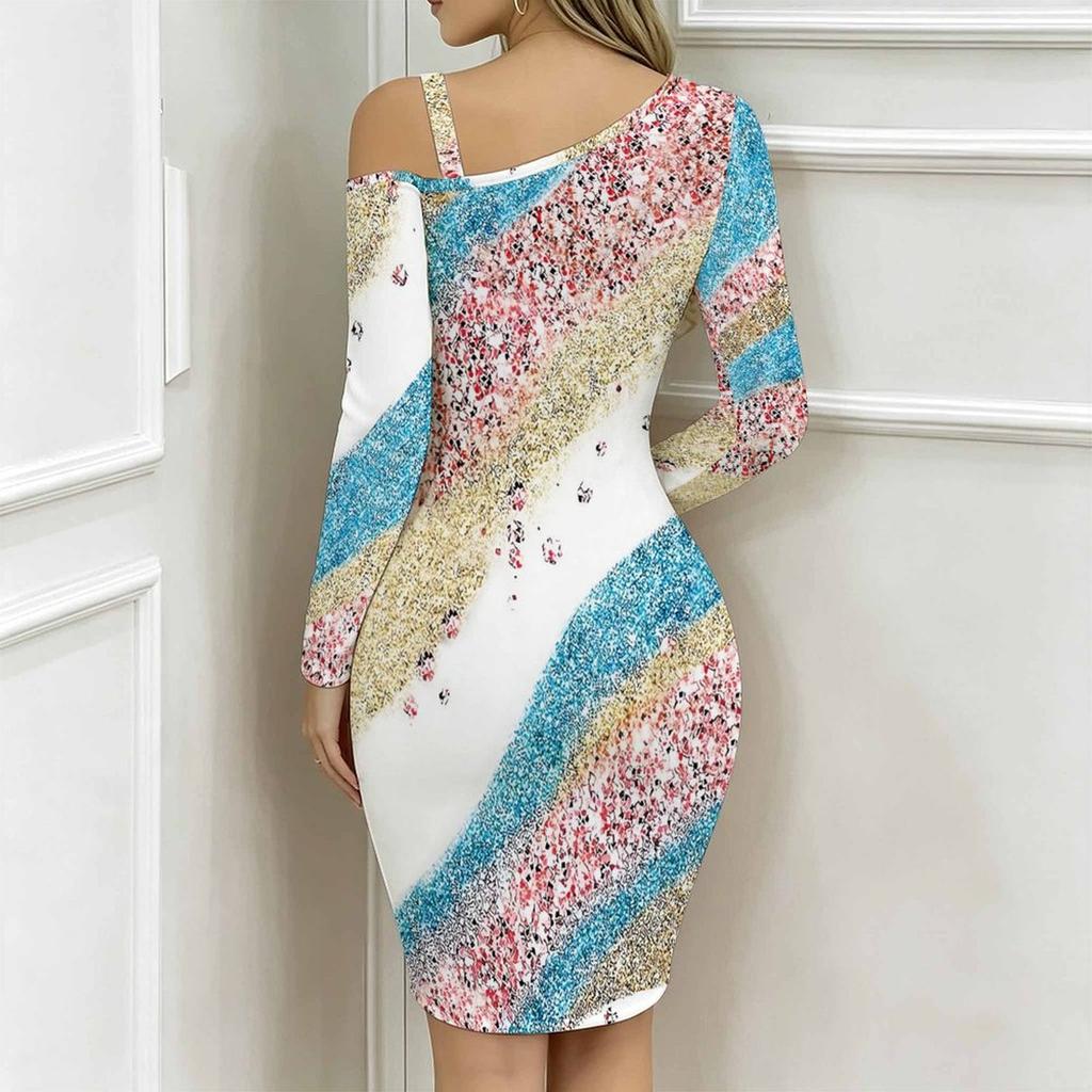 Women Plus Size Asymmetric Cold Shoulder Long Sleeve Purple Gold Agate Print Irregular Wrap Bodycon Midi Dress