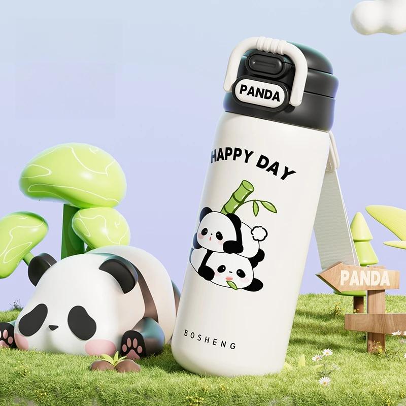Edelstahl Thermosbecher Niedlicher Panda mit Strohhalm Wasserbecher für Kinder und Schüler Doppelter elastischer Deckel Trendiger Sport-Wasserbecher
