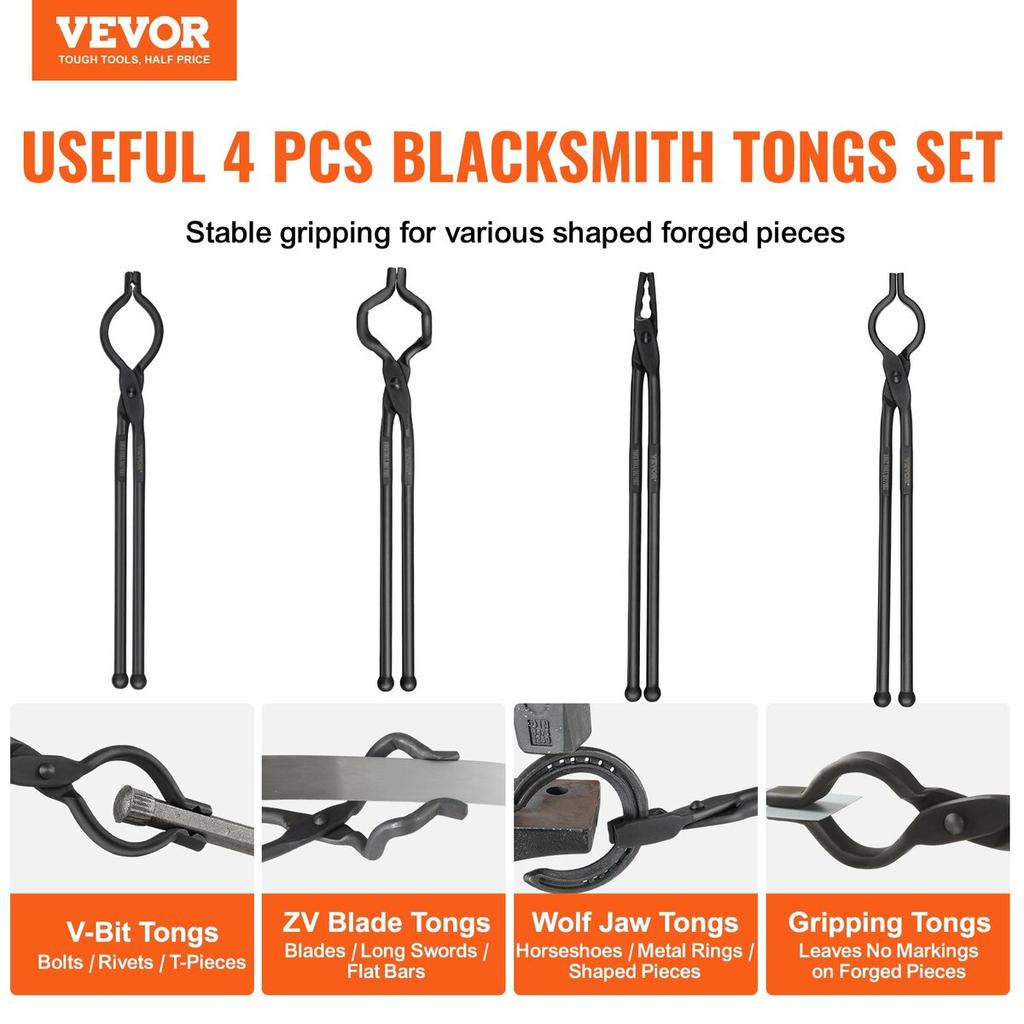 Blacksmith Tongs, 18” 4 PCS, V-Bit Bolt Tongs, Wolf Jaw Tongs, Z V-Bit Tongs and Gripping Tongs, Carbon Steel Forge Tongs with A3 Steel Rivets, for