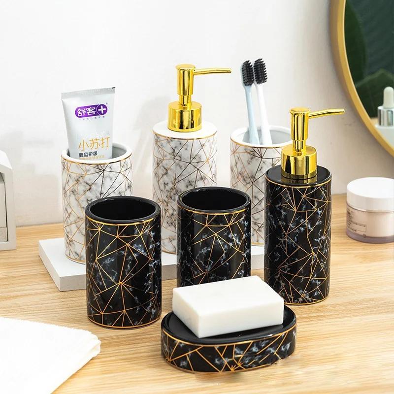 Marble bathroom wash four piece set ceramic household products lotion bottle toothbrush holder mouthcup set bathroom accessories