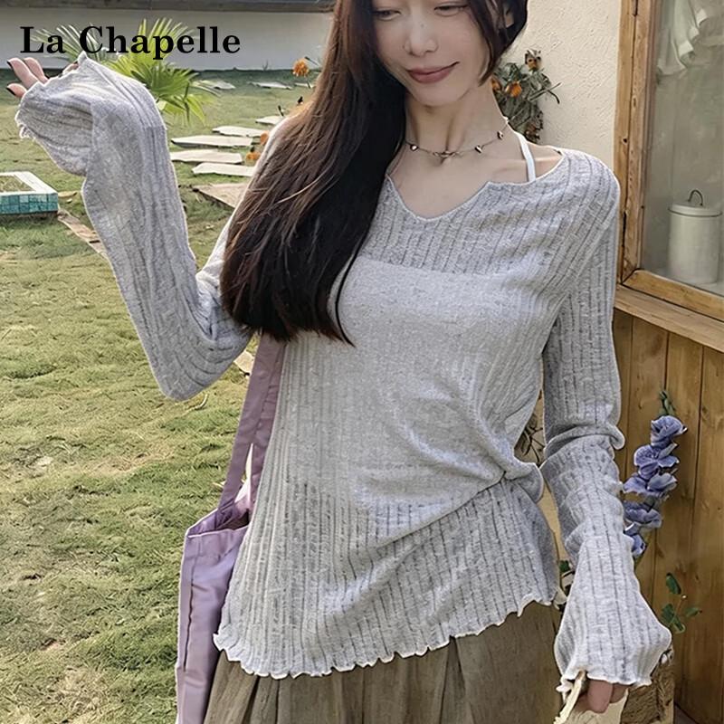 La Chapelle Women s V-Neck Ruffle Sun Protection T-Shirt S