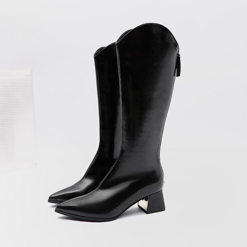 

Сапоги на толстом каблуке с застежкой-молнией сзади, коричневые, с острым носком, высокие, с V-образным вырезом, рыцарские сапоги, женские, в британском стиле 34 чёрный