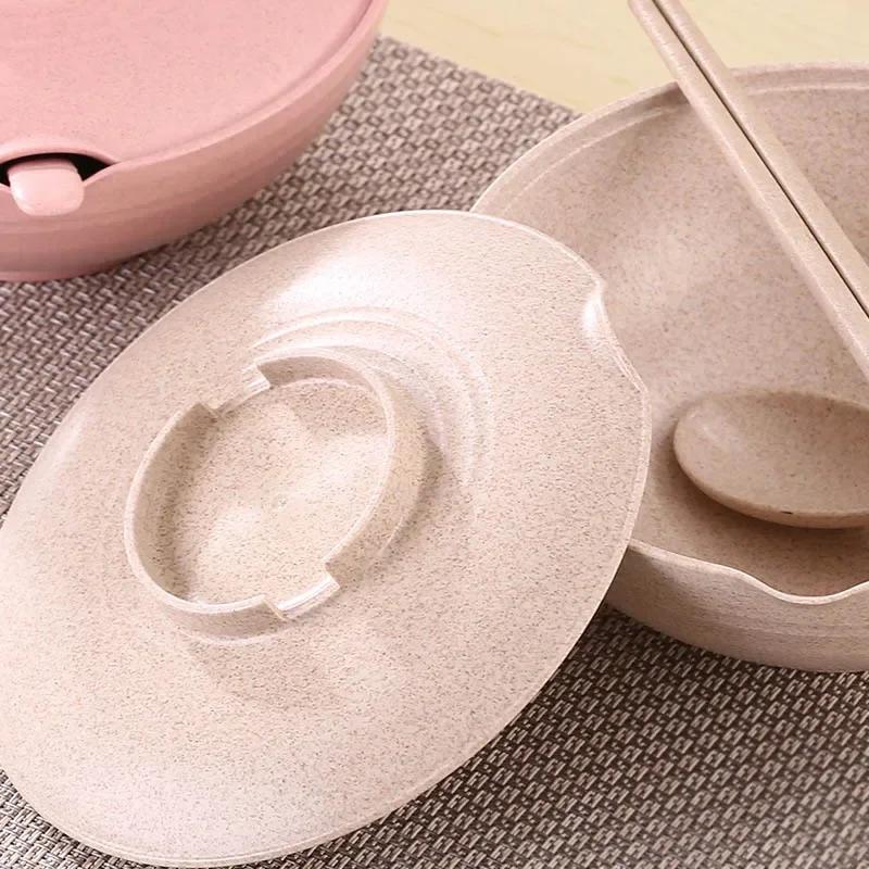Household Bowls Spoons Chopsticks Set With Lid for Instant Food, 3pcs Wheat Straw Bowl, Instant Noodles Bowl, Kitchen Tableware