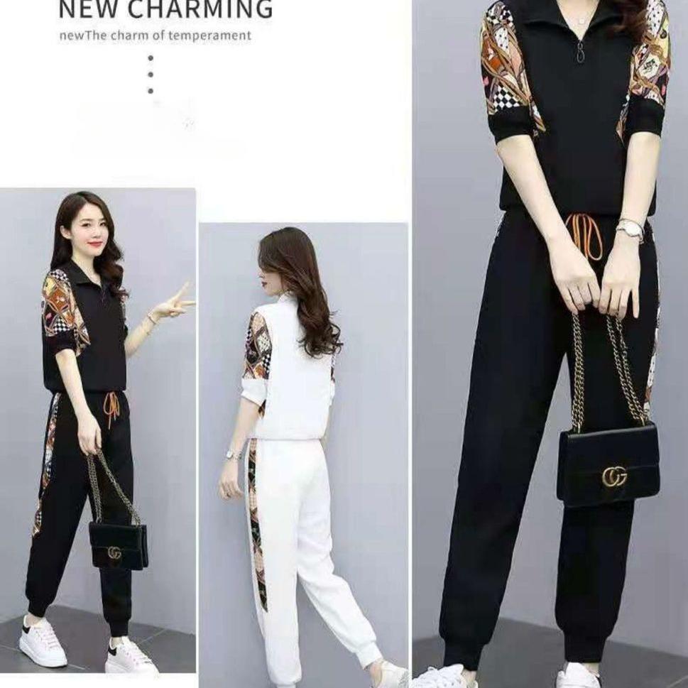 2BUC/Set Set de modă Set sport casual de vară Pulover imprimat pentru femei Pantaloni Harlan Set două piese