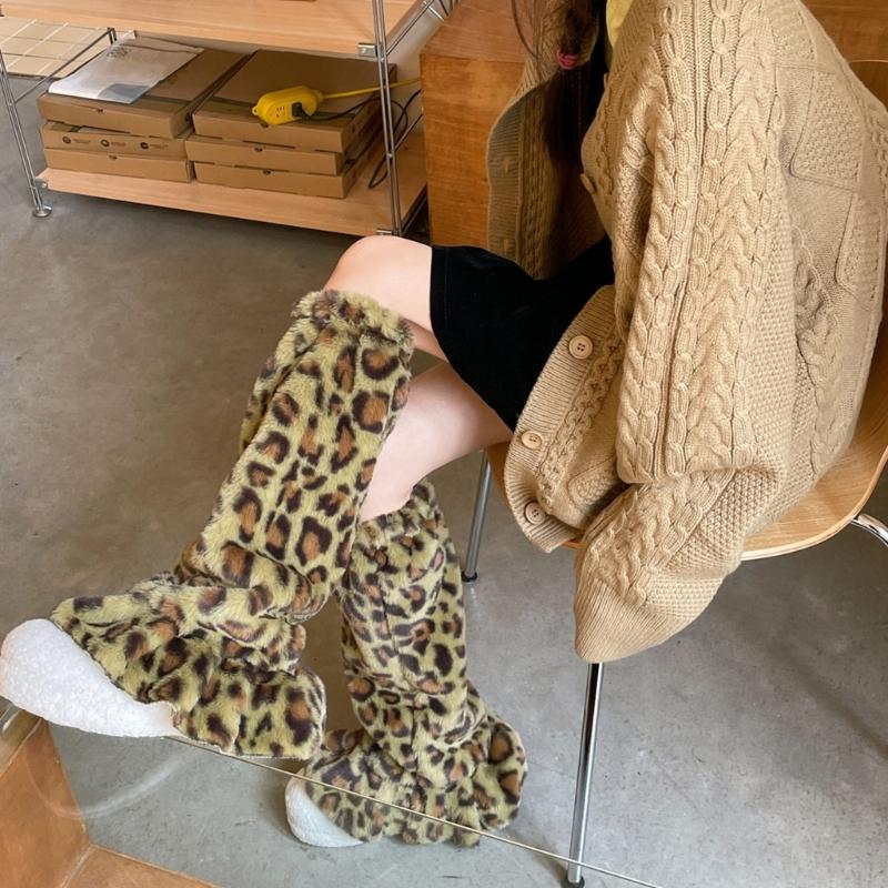 Leopard Leg Warmers Japanese JK Lolita Socks Fur Sets Ankle Winter Leg Warmers