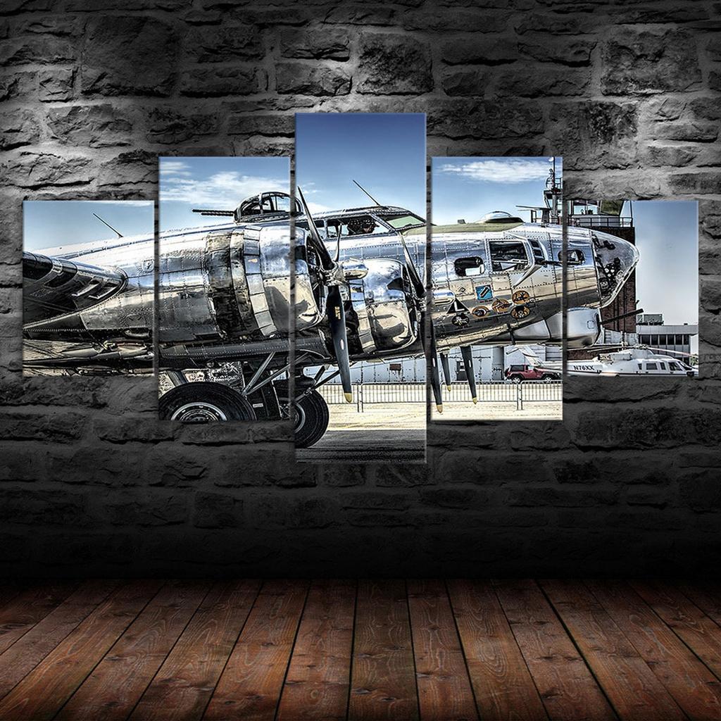 Old Plane Silver Color Aircraft 5 Piece Five Panel Wall Canvas Print Modern Art Poster Picture Home Decor Gift For Him For Her