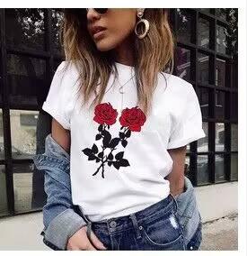 Crew Neck Short Sleeve Red Rose Print T Shirt Women's Outfits Casual Streetwear Fashion Lady Loose Clothing Woman T-shirts Tops