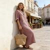 Women's 3/4 Sleeve Striped Maxi Dress Casual Loose Fit Sundress with Front Pocket Summer Beach Vacation Outfits